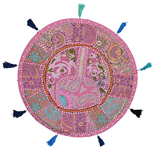 Stylo Culture Ethnisch Dekorativ Rund Bodenkissenbezug Boho 45x45 cm Klein Bodensitzkissen Vintage Baby Pink Bohemien Patchwork Wohnkultur Baumwolle Bestickt Bodenkissen Ethno