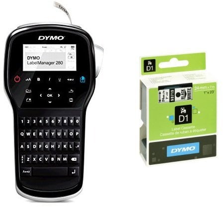 Dymo LabelManager 280 Handheld Label Maker QWERTY Keyboard and D1 Standard Labelling Tape of 24 mm x 7 m - Black on White