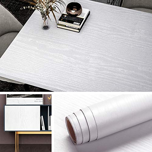 Livelynine 40CMx5M Klebefolie Holzoptik Weiß Möbelfolie Holz Selbstklebend Holzfolie PVC Klebe Folien für Möbel Treppe Fliesen Schrank Tisch Türen Küchenrückwand Arbeitsplatte Küche Dekofolie