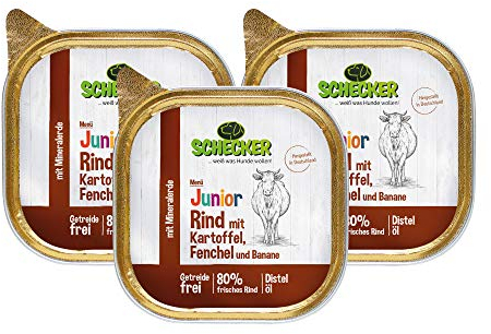 Schecker Nassfutter - Hundemenü Junior Rind mit Kartoffel, Fenchel und Banane - 3 x 200g - Welpenfutter - 80% frisches Rind