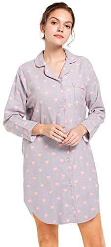 Misscoo Chemise de Nuit Femme en Coton à Manches Longues,Pyjama Femme Hiver en Flanelle, Vêtements de Nuit Boutonnée Devant,Grandes Tailles-Taille S-Gris
