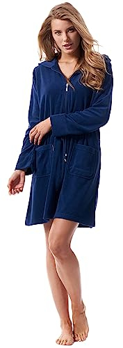 Morgenstern Kurzbademantel Damen mit Reißverschluss und Kapuze Blau Dunkelblau Damenbademantel S Baumwolle Frauen weich frottee zipp leicht