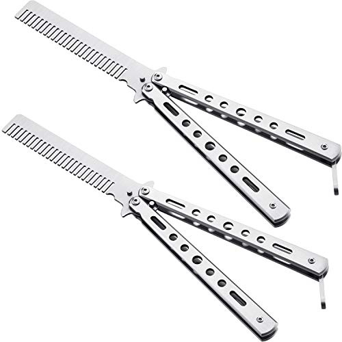 2 pezzi pettine a farfalla in acciaio inox pieghevole allenamento pratica pettini strumenti per lo styling dei capelli per lo sport all'aperto (argento)