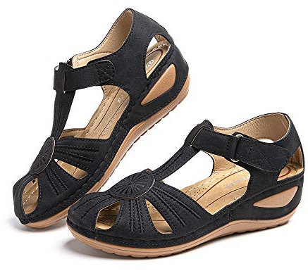 Hitmars Sandales Femme Été Chaussons Plage Piscine Casual Sandales Faux Cuir Intérieur Loafers Vintage Antidéparant D-Noir 37