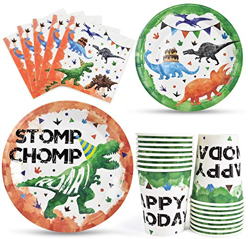 Dinosaur Party Supplies - Dinosaur Party Tableware for Boys Birthday Included Lunch Dinner Plates Dessert Napkins Paper Cups For 16 Guests 64 Pieces