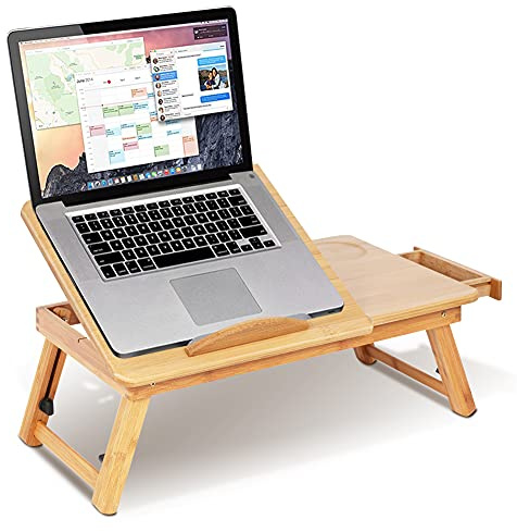 Laptop Book Workstation, Adjustable Laptop Bed Table, Laptop Tray for Bed, Bamboo Serving Laptop Tray Laptop Stand Holder with Non Slip Deflector Small Drawer for Living Room Bedroom