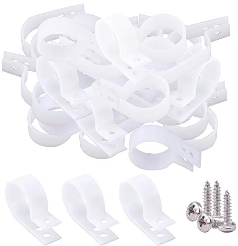Glarks 60 Stück 2,5 cm weiße Nylon-Schraubbefestigung, R-Typ-Kabelklemme, Drahtklemme mit 60 Schrauben für Draht, Kabel, Leitungen und Kabelkanäle (weiß)