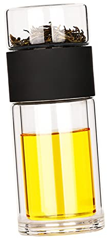MagiDeal Portable Double Layer Glass Tea Infuser 360ml Travel Mug with Strainer Tea Bottle for Loose Leaf Tea, with Stainless Steel Mesh, Black
