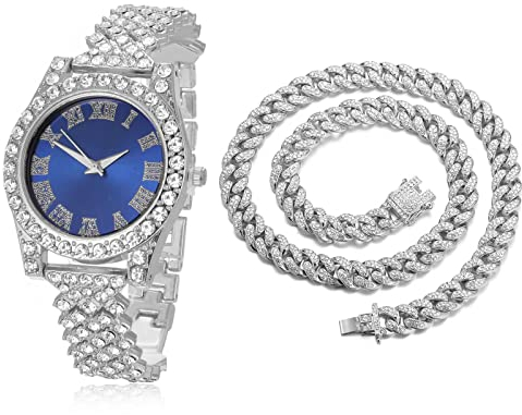 Halukakah Diamanten Gold Uhr, Kinder Platinplattiert Weißgold 36MM Breite Blau Zifferblatt Quarz Armband 20cm mit Kubanischer Kette 40cm Nacklace,Kostenlose Geschenkbox