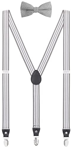 WANYING Herren Jugendliche 2,5cm Breit Y-Form 3 Clips Hosenträger & Fliege 2 in 1 Set Casual Business Party Hochzeit - Gestreift Weiß & Grau