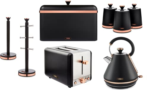 TOWER Cavaletto Black & Rose Gold Pyramid Kettle, 2 Slice Toaster, Bread Bin, Set of 3 Tea, Coffee, Sugar Canisters, Mug Tree & Towel Pole. Matching Kitchen Set of 8 Items in Black & Rose Gold
