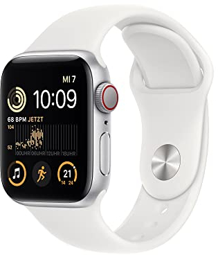 Apple Watch SE (2. Generation) (GPS + Cellular, 40mm) Smartwatch - Aluminiumgehäuse Silber, Sportarmband Weiß - Regular. Fitness-und Schlaftracker, Unfallerkennung, Herzfrequenzmesser