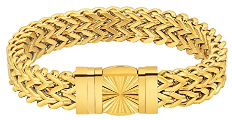 KRKC&CO 12mm Franco Link Armband Herren, 18K Gold beschichtet Panzerkette, breite dicke Cuban Armband, Wikinger Armkette Edelstahl, Hip Hop Biker Schmuck Geschenk für Männer Jungen [Länge 19cm]