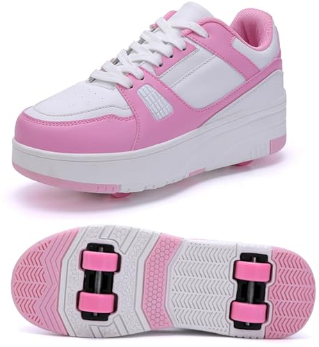 XRDSHY Schuhe mit Rollen für Kinder 4 Rollen Skateboardschuhe Sportschuhe Jungen Mädchen 2 in 1 Multifunktionale Rollschuhe Outdoor-Laufschuhe,Pink-33 EU