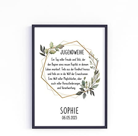 Poster zur Jugendweihe für Mädchen und Jungen personalisiert mit Namen und Datum Geschenke Geschenk Geldgeschenk Deko… (Olive & Gold)