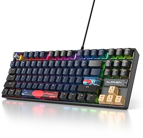 SOLIDEE Portable 80% Mechanical Gaming Keyboard,87 Keys Compact RGB LED Backlit Wired Keyboard with USB Cable,Office Keyboard with Linear Red Switch for Windows PC(87 Blue Samurai)