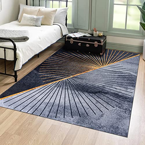 Mazovia Modern Teppich - Kurzflor Waschbar - Weich Teppich für Wohnzimmer, Schlafzimmer, Esszimmer – Teppiche Geometrisch - Schwarz Grau Gold 200 x 300 cm