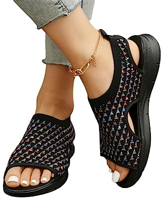 QQLADY 2023 Orthopädische Sport-Sandalen mit Premium-Stretch-Slingback, waschbare orthopädische Sandale, Bequeme, gestrickte Fischmaul-Sandalen mit dickem Boden (Black,38)