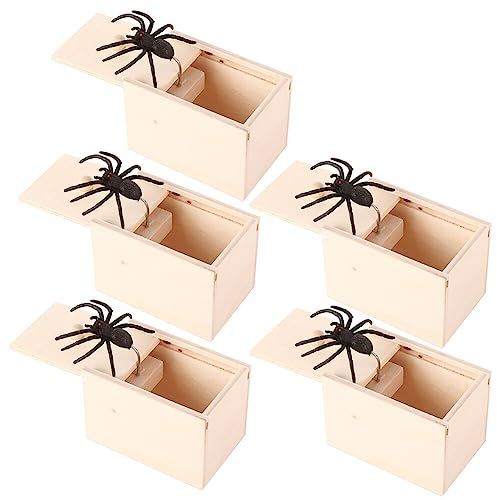 JAWSEU Spinne In Box, 5 Stücke Spinne Streich-Box, Holz Spinne Scare Box, Scherzartikel, Prank Artikel, Überraschungsgeschenke für Kinder Erwachsene Party Favors