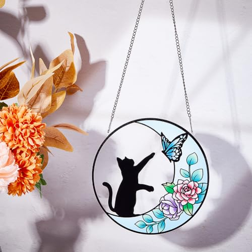 PLIGREAT Suncatchers Moon Cat Acrylic Stained Glass Sun Catcher Summer Hanging Ornament for Bedroom Living Room Patio Wall Pediments Window Decoration Garden Tree Decor Housewarming Memorial Gifts