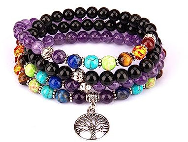 Amethyst Mala Beads Bracelet Tree of Life Pendant 7 Chakra Gemstone Tibetan Prayer Beads Yoga Meditation Necklace for Women(Rose quartz,tree of life)