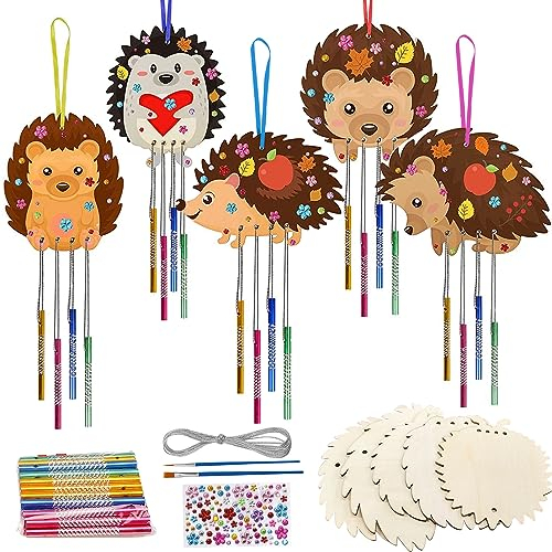 Windspiel Bastelset Kinder, 5tlg Igel Kinder Herbst Bastelset Kinder, Holz Bastelset, DIY Windspiel Herbst Basteln Holz Anhänger, Igel Bastelsets für Erntedankfest Malen Dekoration