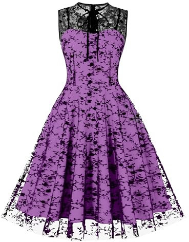 Wellwits Abito Donna Foro di Blocco Cravatta Gotico Vintage Halloween Maglia Floreale, viola., M