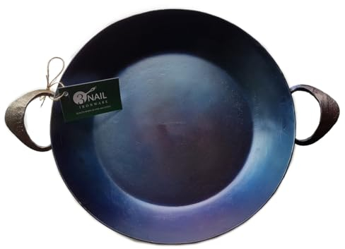 3NailIronWare Skillet Pan – 13inch Hand Forged Carbon Steel Paella Pan with 2 Handles for Cooking, Baking, Camping, Outdoors - Handmade Vintage Artisanal Non-Stick Frying Pan PFAS-Free, Oven Safe