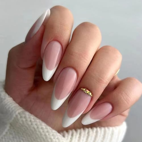 Ceboic 24Pcs Almond Press on Nails Long, Nude Pink French Glossy False Nails, Rhinestones Design Fake Nails with Jelly Glue, 12 Sizes Stiletto Full Cover Acrylic Stick on Nails for Women Girls
