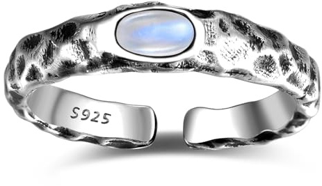 BONLAVIE Statement Ring Silber 925 Damen Mondstein Ring, Verstellbare Vintage Offener Dünner Gehämmerter Silberring für Frauen