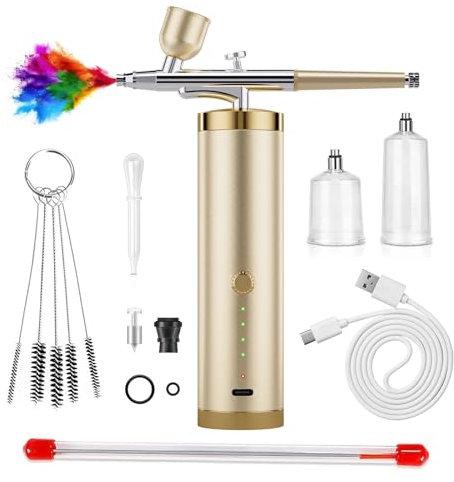 Airbrush Kit Portable Airbrush with Compressor Auto Airbrush Gun Kit Handheld Airbrush Set High Pressure Air Brush Set with 0.3mm Nozzle Cordless Cleaning Air Brush Set (Golden)