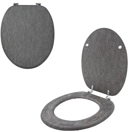 Anika 92539 Grey Slate Effect Toilet Seat/Chrome Hinges/Easy Installation / 43cm x 37.5cm