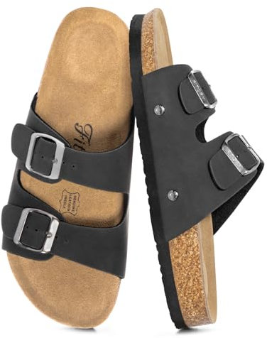 FITORY Womens Flat Sandals with Cork Footbed, Open Toe Slides Adjustable Slip On Slippers for Summer Matte Black Size 6.5