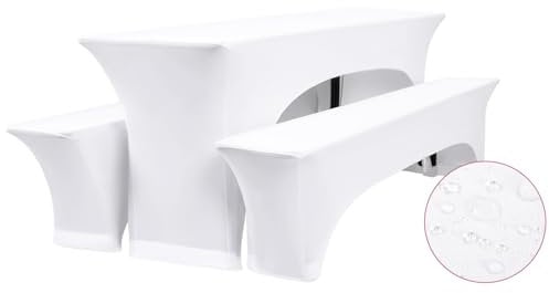 3er-Set Elastische Biertischhussen,Weiß Elastische Wasserdicht Bierbankhusse und Tischdecken,50 cm Tischbreite,Wasserdicht Bierzeltgarnituren 220 x 50 x 70 cm, für Bankett Gartenmöbel Abdeckungen.