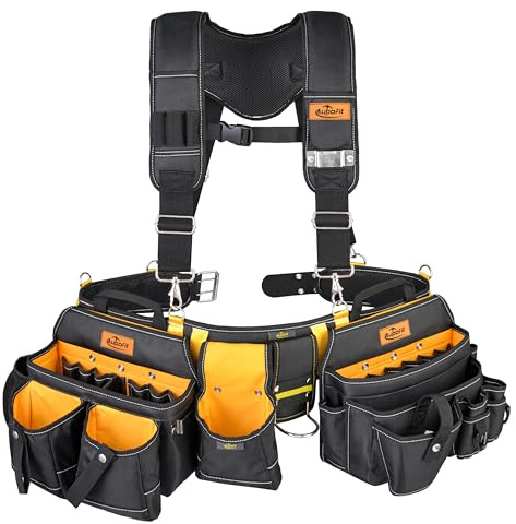 7-Piece Professional Tool Belt with Suspenders for Men - 1680D Construction Tool Belt, Electrician & Carpenter Tool Belt Rig, 32 Pockets Framing Tool Belt for Carpenters & Framers - Fits 36-49 Waist