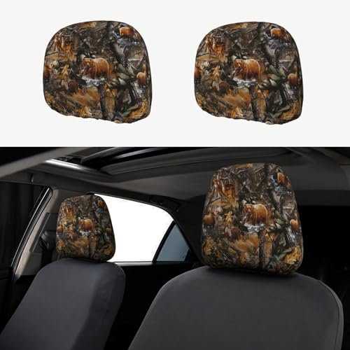 CRPPSYYR Auto-Kopfstützenbezug, Motiv: Jagd, Hirsch, Bär, Elch, bedruckt, 2 Stück