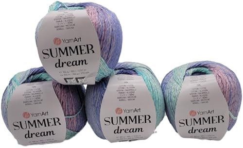 400 Gramm Summer Dream Strickgarn, 4 x 100 Gramm 70% merzerisierter Baumwolle und 30% Viskose, mehrfarbig (blau flieder mint 4302)