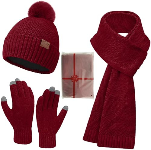 CheChury Womens Hat Scarf and Gloves Set Winter Ladies Warm Beanie Hat Long Neck Warmer Touchscreen Gloves Set Knit Skull Pompom with Fleece Lined Cold Weather set UK,Wine Red