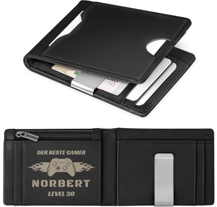 Maverton Geldbörse Herren mit Gravur, Portmonee Geldtasche, personalisiert | Geldbörse Herren aus echtem Rindsleder, Geschenke für Männer, personalisierte Geschenke für ihn, schwarz glatt