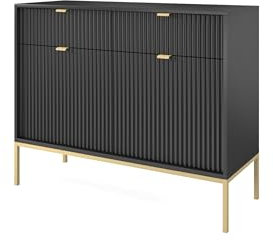 DomiMeble DomoHome Design-Kommode NOVA - Farbe: Schwarz, Geriffelte Front, 2 Türen, 2 Schubladen, Maße: 83x104x39cm, Goldfarbene Metallbeine, Vielseitiges Möbelstück