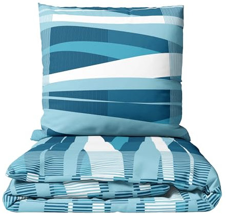 Leonado Vicenti Bettwäsche Winter Biber Set kuschelig warm gestreift 135x200 cm 80x80 cm Blau Türkis Reißverschluss 2 teilig