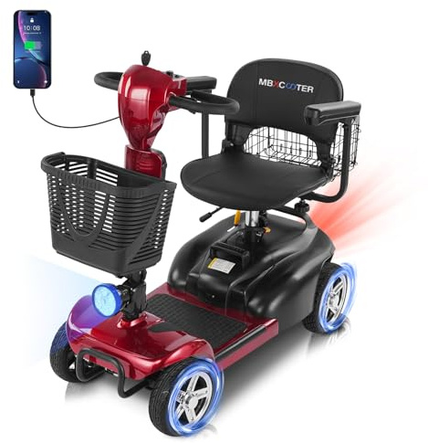 20 Miles 4 Wheels Mobility Scooter for Seniors/Adults Up to 300LBS,350W Electric Wheelchair Detachable Lithium Battery,Dual Baskets,Rotating Seat,with Taillight, USB Charging, Red 18AH