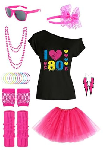 Tenue des années 80 pour femme,Costume des années 80 pour femme - Jupe Tutu des années 80 Costume T-shirt,Costume de cosplay des années 1980, haut à épaules dénudées, ensemble d'accessoires de costume