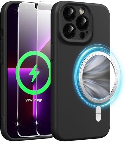 Xiltlly Cover Magnetica in Silicone Liquido per iPhone 13 Pro 6,1 Pollici con 2 Pezzi Vetro Temperato, Compatible con MagSafe Magneti Integrati, Custodia Antiurto AntiGraffio per iPhone 13 Pro, Nero