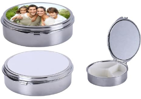 20 Stück Sublimations-Pillendose aus Metall, rund, 3 Fächer, tragbare Tasche, Geldbörse, Pillendose, dekorativer Metall-Medizin-Vitamin-Organizer, einzigartiges Geschenk für DIY-Druck