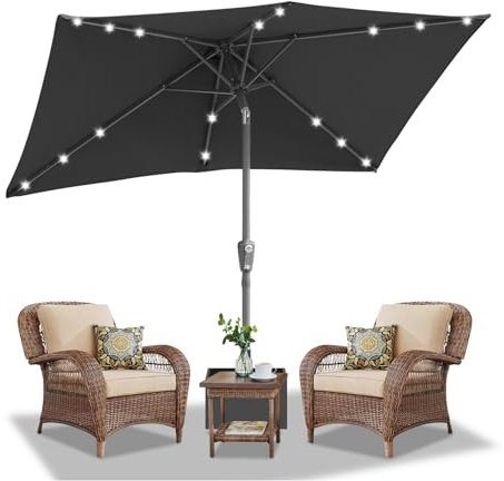 Daromigo Sonnenschirm Rechteckig LED Solar 210 x 140cm Grau mit Kurbel | Ampelschirm Sonnenschutz UV50+, 30° knickbar, Gartenschirm Terrassenschirm wasserdicht für Garten, ohne Ständer