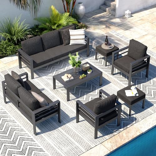 U-MAX 7-Piece Aluminium Garden Furniture Set,9 Seater Modern Outdoor Patio with Coffee Table Conversational Corner Sofa Loveseat Black (Dark Grey) Cushions