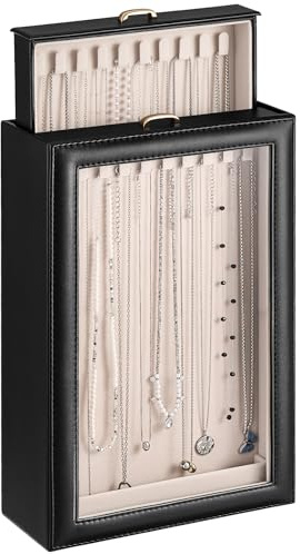 Lolalet Necklace Organizer Box, 2-Layer Jewellery Storage Boxes with Clear Lid for Necklaces, Tangle-Free Necklace Display Case for Women Girls -Black