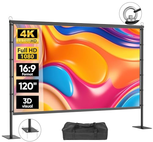 VOOPVOR 120 Inch Projector Screen with Stand, Portable Outdoor Movie Screen | 120-inch projector screen with upgraded 4-hole base plate for stability, and quick setup with carry bag for indoor outdoor