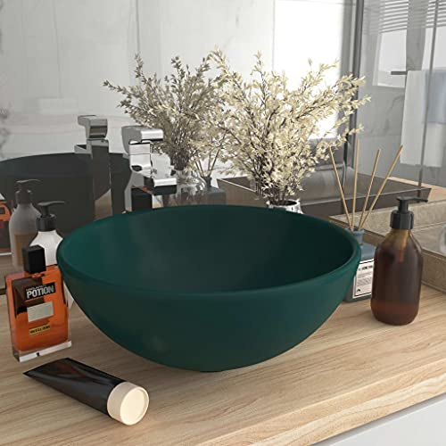 Lavabo da Appoggio Rotondo, Ceramica di Alta Qualità con Finitura Opaca, Design Moderno per Bagno o Lavanderia, Verde Scuro, 32.5 x 14 cm